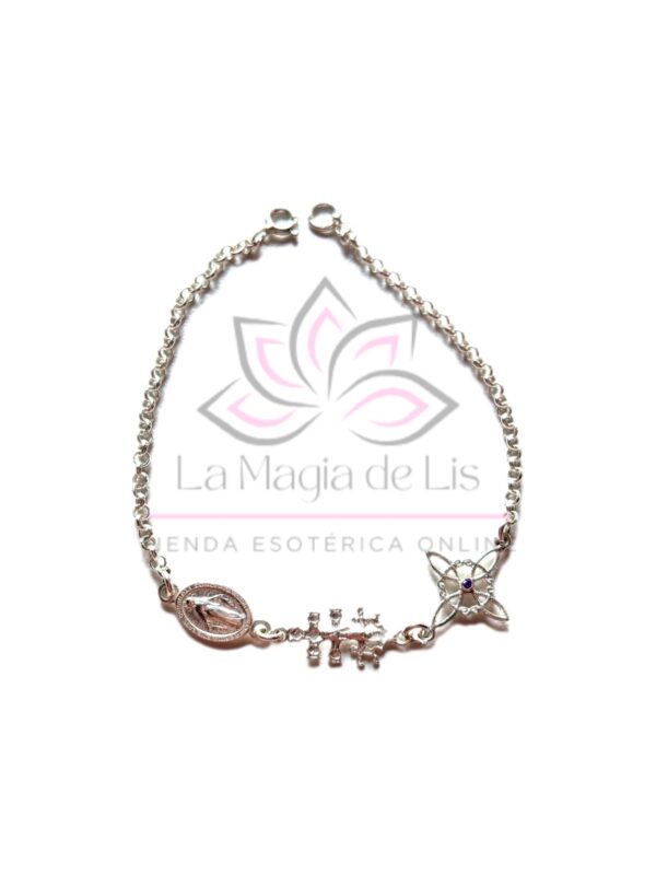 Pulsera Triple Protección - Nudo de Bruja, Cruz de Caravaca, Milagrosa de Plata