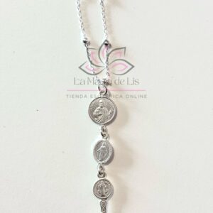 Colgante Triple Protección - San Judas Tadeo, Milagrosa, Llave de San Benito de Plata de Ley