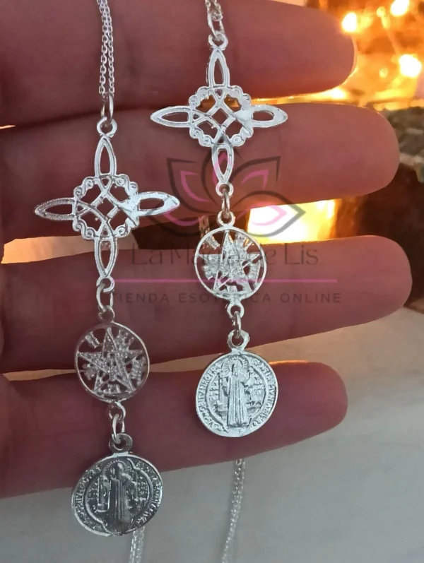 Colgante Triple Protección - Nudo de Bruja, Tetragramatón, San Benito de Plata de ley 925
