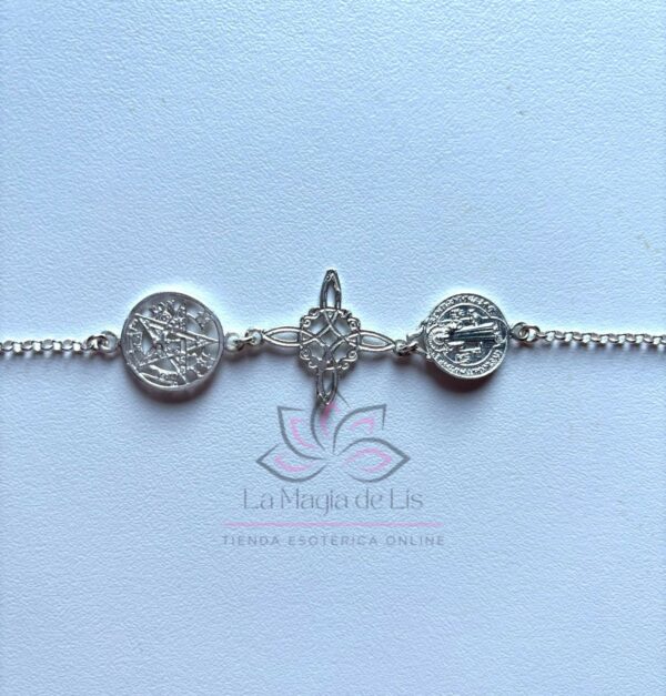 Pulsera Triple Protección - Nudo de Bruja, San Benito, Tetragramatón de Plata de Ley 925 - Imagen 4