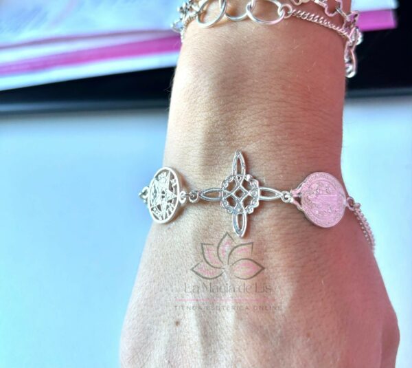 Pulsera Triple Protección - Nudo de Bruja, San Benito, Tetragramatón de Plata de Ley 925 - Imagen 3