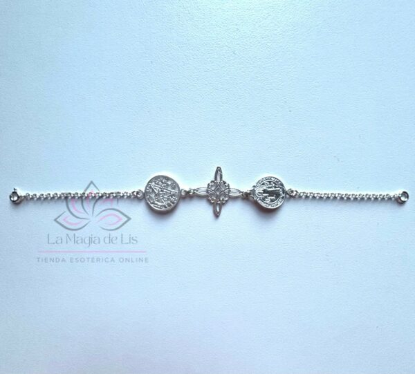 Pulsera Triple Protección - Nudo de Bruja, San Benito, Tetragramatón de Plata de Ley 925 - Imagen 2