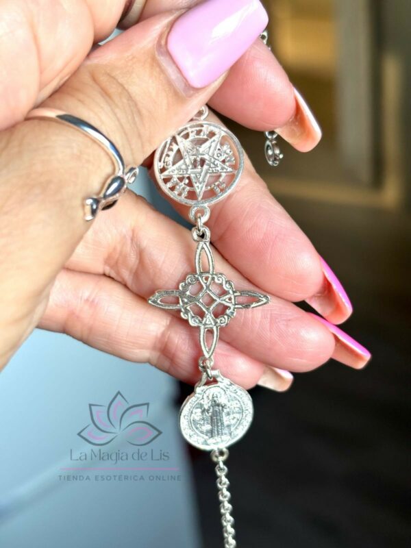 Pulsera Triple Protección - Nudo de Bruja, San Benito, Tetragramatón de Plata de Ley 925