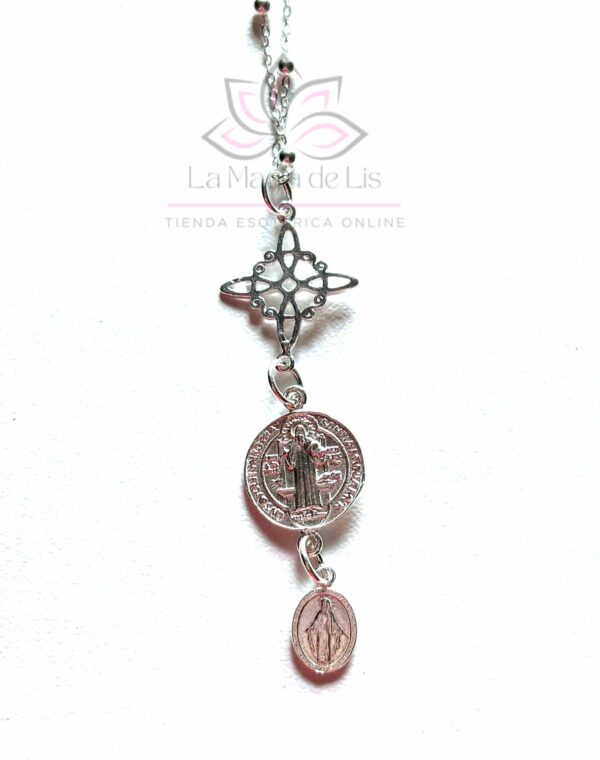 Collar Triple Protección: Nudo de Bruja, San Benito y Milagrosa Plata de Ley 925 - Imagen 3