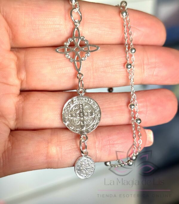 Collar Triple Protección: Nudo de Bruja, San Benito y Milagrosa Plata de Ley 925 - Imagen 2
