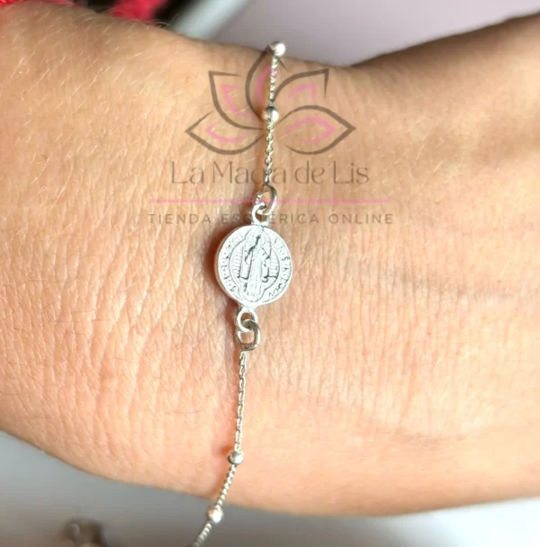 Pulsera Protección Medalla San Benito de Plata de Ley 925