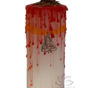 Velón talismán con símbolo trisquel para protección energética y equilibrio espiritual