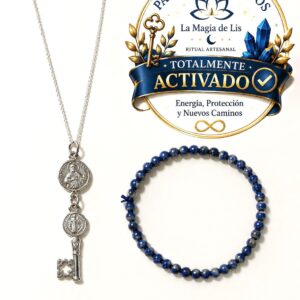 Pack Abrecaminos en Plata 925 – Collar San Judas Tadeo + Llave San Benito y Pulsera de Lapislázuli