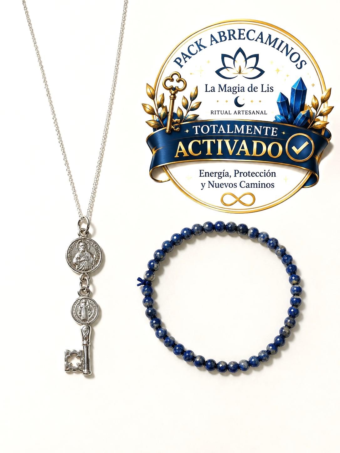 Pack Abrecaminos en Plata 925 – Collar San Judas Tadeo + Llave San Benito y Pulsera de Lapislázuli